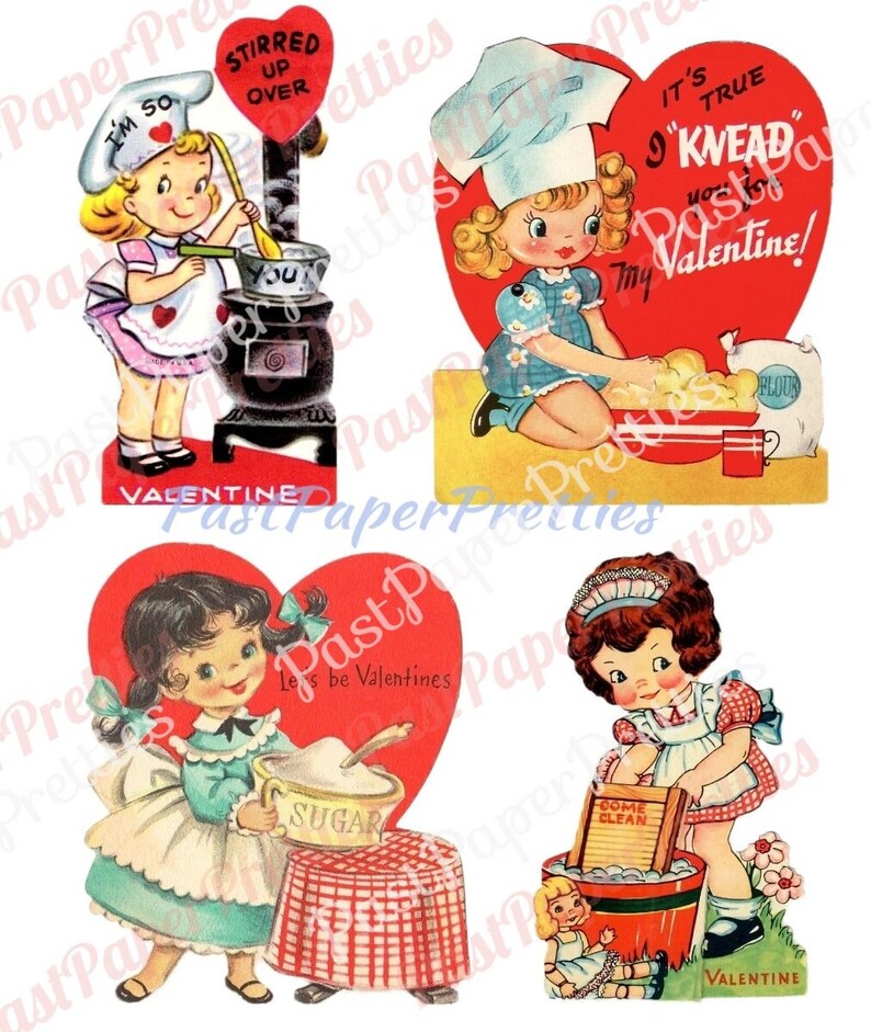 Vintage Retro Little Homemaker Themed Valentine Cards Cooking Cleaning Washing Collage Sheets Printable PDF Instant Digital Download image 8