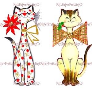 May include: Two cartoon cats wearing festive bows. The cat on the left is white with red polka dots and gold stars, holding a red poinsettia. The cat on the right is cream with brown markings, holding a holly sprig.