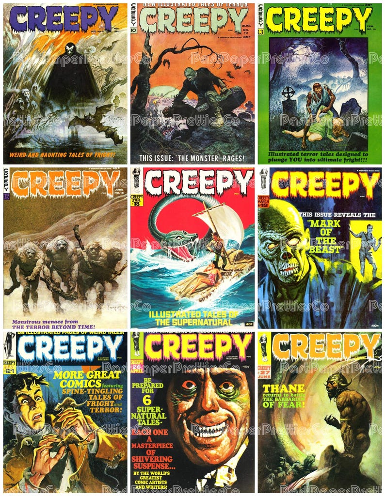May include: A collection of vintage "Creepy" comic book covers. The covers feature illustrations of monsters, zombies, and other horror themes. The comic book covers have the word "Creepy" in large, bold letters at the top.