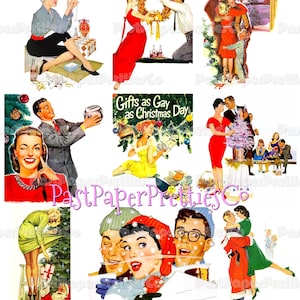 Vintage MCM Mid Century Mod Kerst Illustratie Advertentieafbeeldingen Retro Kitsch Familie Huisvrouw Koppels Afdrukbare PDF Instant Digitale jaren 1950