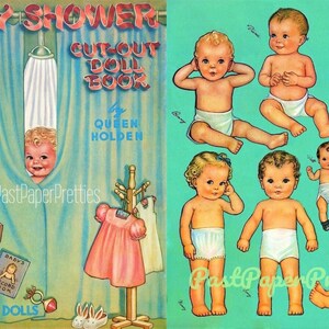 Puede incluir: Un libro de muñecas recortables vintage para un baby shower de Queen Holden. La portada presenta una cortina de ducha azul con un bebé asomándose y una variedad de juguetes para bebés. El libro incluye 7 muñecas para recortar y jugar.