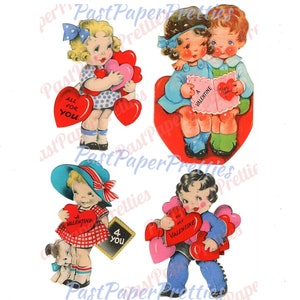 Vintage druckbare kleine Cuties Valentinstag Karte Collage Sheet niedliche bunte 1930er Jahre Kinder PDF Instant Digital Download 300 dpi