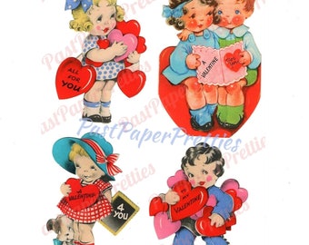Vintage Printable Little Cuties Valentines Day Card Collage Sheet Cute Colorful 1930s Children PDF Instant Digital Download 300 dpi