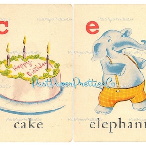 May include: Two flashcards with a letter and a picture. The first card has a large letter C and a picture of a cake with three candles and the words "Happy Birthday". The second card has a large letter E and a picture of a blue elephant wearing yellow overalls and the word "elephant".