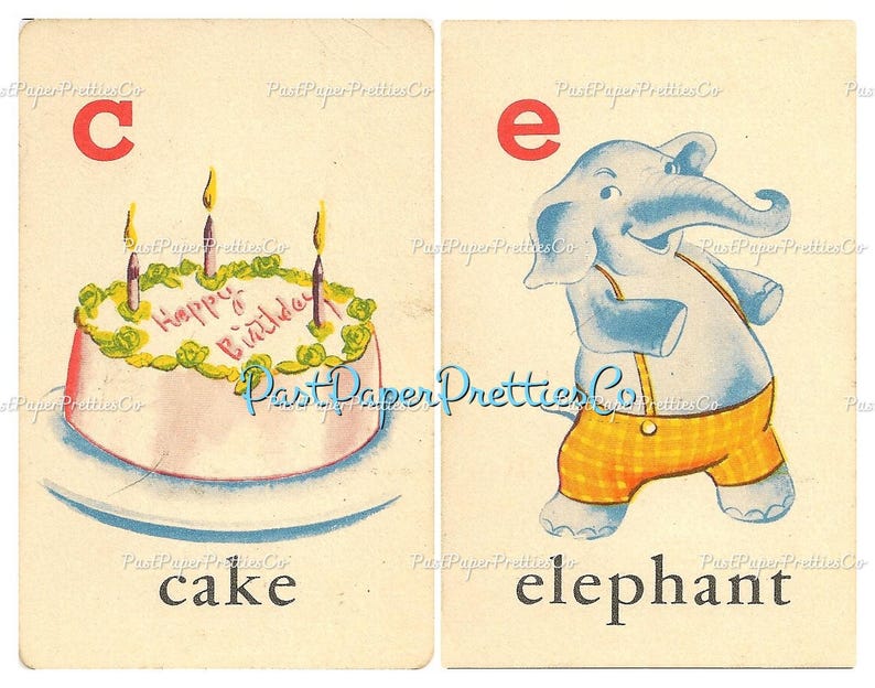 May include: Two flashcards with a letter and a picture. The first card has a large letter C and a picture of a cake with three candles and the words "Happy Birthday". The second card has a large letter E and a picture of a blue elephant wearing yellow overalls and the word "elephant".