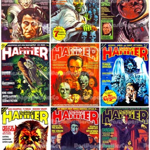May include: A collection of vintage "Hammer" horror movie magazine covers. The covers feature colorful illustrations of classic monsters like Dracula, Frankenstein, and werewolves, with bold text and titles.