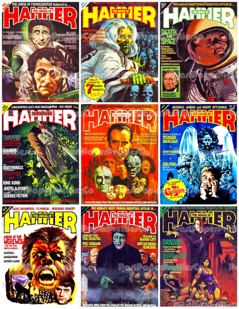 May include: A collection of vintage "Hammer" horror movie magazine covers. The covers feature colorful illustrations of classic monsters like Dracula, Frankenstein, and werewolves, with bold text and titles.