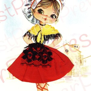 Vintage Printable Pretty Big Eyed Spanish Dancer Girls 1970s Postcard Images PDF Instant Digital Download Kitsch Fabric Dresses 300 dpi image 5