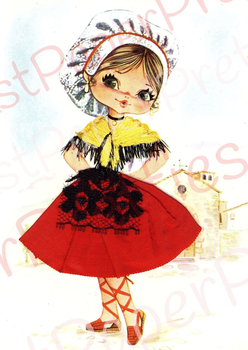 Vintage Printable Pretty Big Eyed Spanish Dancer Girls 1970s Postcard Images PDF Instant Digital Download Kitsch Fabric Dresses 300 dpi image 5