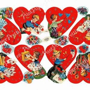 Vintage afdrukbare mini Valentijnskaarten schattige kleine meisjes jongens papierresten gestanste harten collage blad instant digitale download jaren 1960 Duitsland