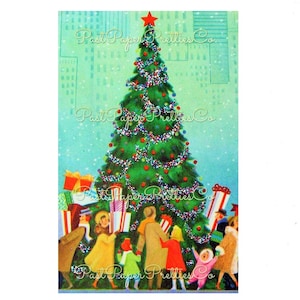 May include: A vintage Christmas card illustration featuring a large green Christmas tree decorated with colorful ornaments, tinsel, and lights.  People are gathered around the tree, holding gifts and smiling.  The background is a blue and white cityscape with snow falling.