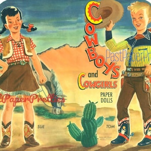 Vintage Paper Dolls Cowboys et Cowgirls v. 1951 imprimable PDF téléchargement numérique mignon Western garçon fille poupées et tenues Clip Art