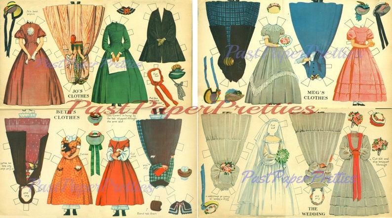 Vintage pappersdockor Små kvinnor utklippta bilder ca 1934 PDF utskrivbar digital nedladdning Meg Amy Jo Beth systrar clipart bild 2