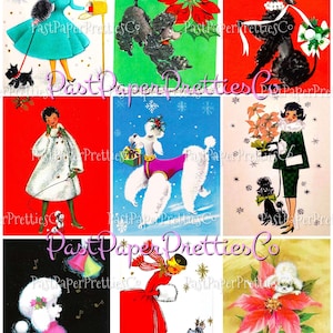 Vintage Weihnachten druckbare MCM Pudel und Damen Weihnachtskarte Collage Bilder PDF Sofortiger digitaler Download Hübsche Ferien Mädchen und Hunde