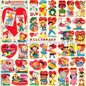 50 Vintage druckbare Valentinskarten küssend Briefmarken Retro 1960 niedlich Kitsch Mädchen Jungen Tiere Collage Sheets PDF Sofortiger digitaler Download