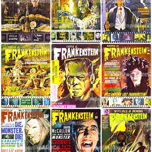 May include: A collage of nine vintage "Castle of Frankenstein" magazine covers. The covers feature illustrations of classic horror movie monsters, including Frankenstein's monster, vampires, and werewolves. Text includes "Radio Horrors" and "Batman and Robin."