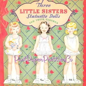 Vintage Papierpuppen drei kleine Schwestern Statuette Puppen 1943 PDF Druckbare Sofortiger Digitaler Download Niedliche Triplet Mädchen Geschwister ClipArt