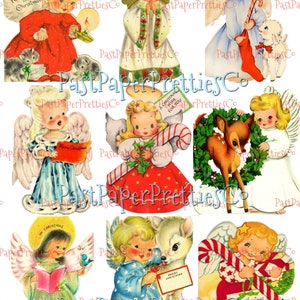Imagens de cartões de Natal vintage para impressão de meninas bonitas com anjos, 3 tamanhos, colagens de cortes exigentes, cartões completos em PDF, download digital instantâneo, clipart fofo