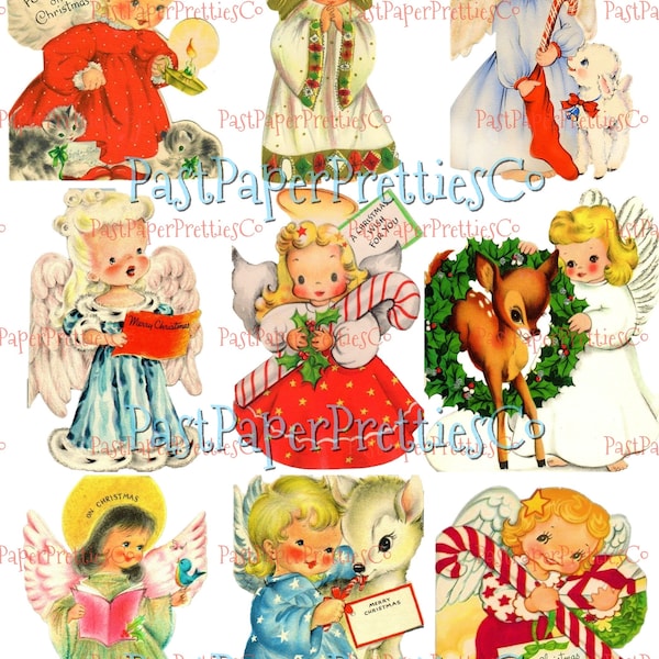 Vintage Printable Pretty Angel Girls Christmas Card Images 3 Sizes Fussy Cuts Collages Full Cards PDF Instant Digital Download Cute Clipart