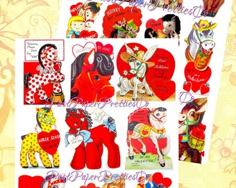 Vintage Valentines Day ALL Horses Themed Printable Card Image Collage Sheets PDF Instant Digital Download 54 Cute Pony Animal Clipart