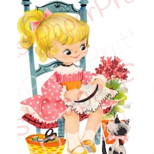 Vintage Printable Cute Little Girl Fazendo Cross Stitch Needlework com Gatinho Imagem de Cartão de Saudação Download Digital Instantâneo Kawaii Clip Art