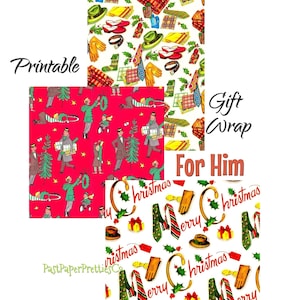 Emballage cadeau de Noël rétro à imprimer vintage pour lui, 3 motifs masculins pour hommes PDF en téléchargement numérique instantané MCM vacances papier cadeau Clipart