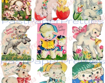 May include: Nine vintage Easter cards featuring illustrations of lambs. The cards have a variety of colors and designs, including pink, blue, green, and yellow. Some of the cards have text that says "Happy Easter" or "Easter Greetings".