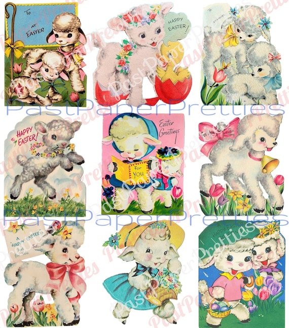 36 Vintage Easter Card Images Cute Lamb Collage Sheets and Single Cards ALL Lambs PDF Instant Digital Download Kitsch Easter Animal Clip Art