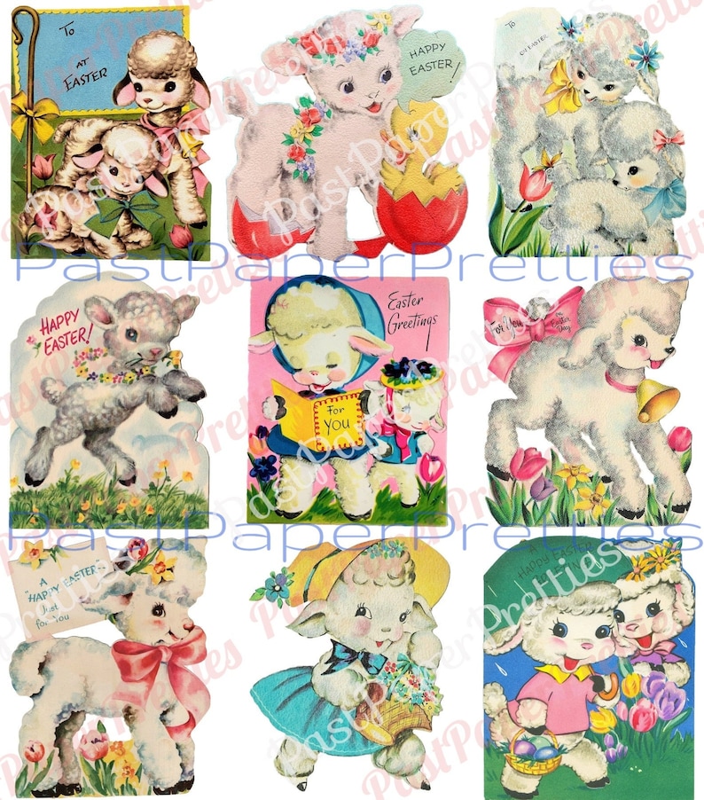36 bilder på vintage påskkort, söta lammcollageark och enskilda kort, ALLA lamm, PDF, direkt digital nedladdning, kitschig påskdjurs-clipart bild 1