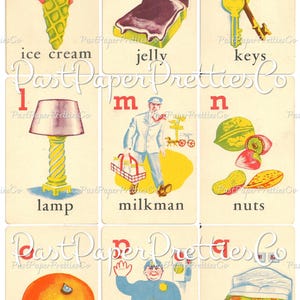 May include: A set of nine alphabet flash cards featuring colorful illustrations and the corresponding letter and word. The cards include ice cream, jelly, keys, lamp, milkman, nuts, orange, policeman, and quilt.