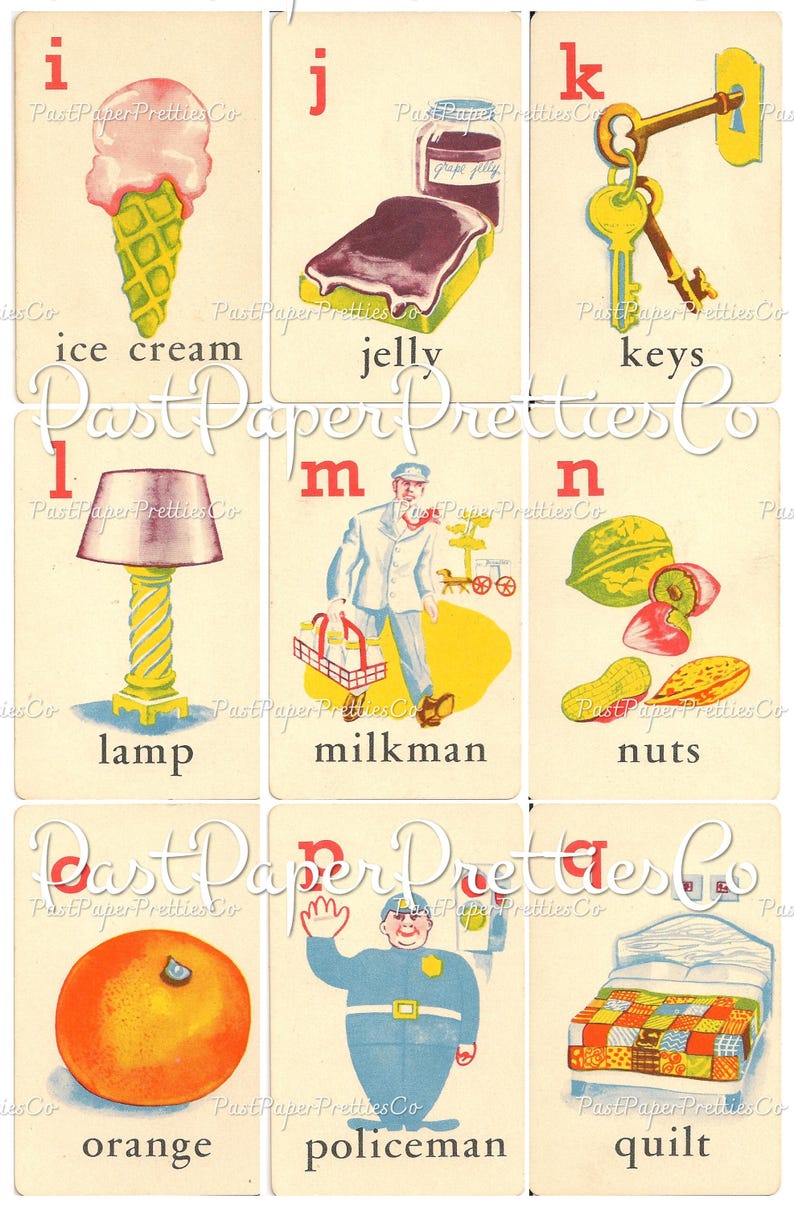 May include: A set of nine alphabet flash cards featuring colorful illustrations and the corresponding letter and word. The cards include ice cream, jelly, keys, lamp, milkman, nuts, orange, policeman, and quilt.