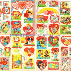 44 Vintage druckbare Valentinstag Schatz Karten süße Kitsch Mädchen Jungen Tiere Collage Sheets c. 1947 PDF Instant Digital Download Valentinstag