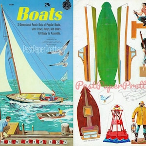 Barche di carta d'epoca con equipaggi, boe e banchine, fustellate c. 1959 PDF stampabile, download digitale istantaneo, giocattolo, barca a vela, barche a motore, set da gioco