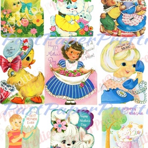Tarjetas de felicitación del Día de la Madre imprimibles vintage, hojas de collage con imágenes en PDF, descarga digital instantánea, lindo conjunto de imágenes prediseñadas de agradecimiento a la mamá n.° 1