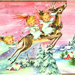 Vintage imprimable mignon ange filles équitation renne image de carte pastels roses rétro des années 1960 en téléchargement numérique Kitsch vacances clipart