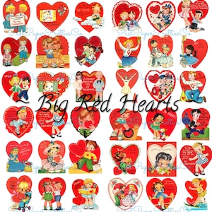 45 imágenes de tarjetas vintage para el día de San Valentín para imprimir, todas con grandes corazones rojos, hojas de collage con temática PDF, animales lindos para niños y digitales al instante