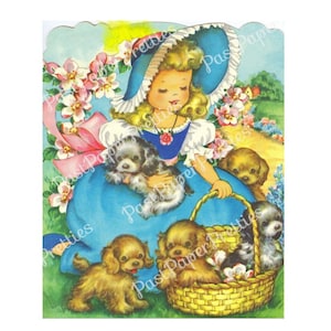 Immagine di cartolina stampabile vintage con bella ragazza in blu e un cesto pieno di cuccioli c. anni '40 Download digitale istantaneo Clip art carina e kitsch Festa della mamma