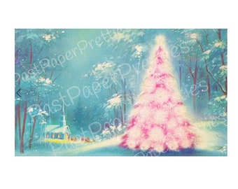 Vintage Printable Snowy Pink Christmas Tree Church Forest Scene Card Image Instant Digital Download Kitsch Retro Holiday Clip Art