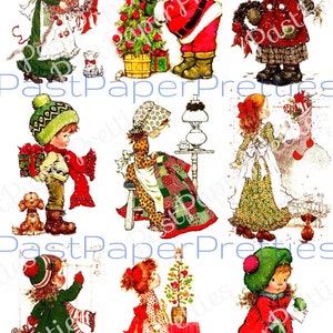 Foglio di collage natalizio stampabile vintage e biglietti completi Bambini vecchio stile Prairie Country Kids Clipart PDF Download digitale istantaneo