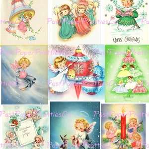 Fogli di collage di angeli di Natale stampabili vintage, biglietti di auguri per le vacanze con colori pastello rosa e blu, 54 immagini PDF, download digitale istantaneo, 2 dimensioni