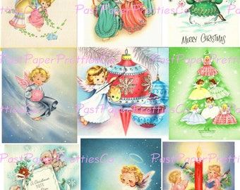 Vintage Printable Christmas Angels Collage Sheets Cute Pink Blue Pastels Holiday Card 54 Images PDF Instant Digital Download 2 Sizes