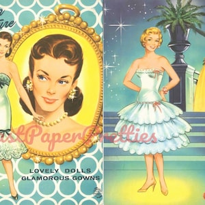 Bambole di carta vintage belle come un quadro c. anni '50 PDF stampabile download digitale istantaneo 2 graziose signore abiti glamour clip art