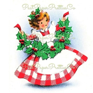 Petite fille, petite fille vichy Noël imprimable vintage, image carte de voeux Holly Bough v. Clipart kitschmas en téléchargement numérique instantané des années 1950
