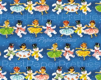May include: A blue background with a repeating pattern of snowmen and ballerinas. The snowmen are wearing black top hats and scarves. The ballerinas are wearing colorful dresses and have blonde hair. The text "Past Paper Pretties" appears in the image.
