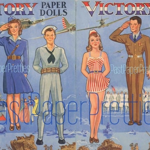Vintage Victory Paper Dolls WWII soldaten matrozen Rode Kruis militaire poppen afdrukbare PDF Instant Digitale Download patriottische oorlogstijd clipart