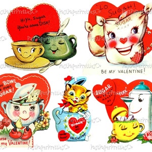 Tarjetas de San Valentín vintage para imprimir, collages con temas de azucareros, hojas PDF, descarga digital instantánea, San Valentín retro, JPEG, PNG