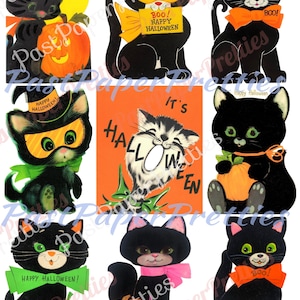 27 Vintage süße Halloween Katzen Collage Sheets & Full Card Bilder druckbare PDF-Sofortiger digitaler Download Alle schwarze Kitty-Katzen-Clip-Art