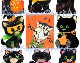 27 Vintage Cute Halloween Cats Collage Sheets & Full Card Images Printable PDF Instant Digital Download All Black Kitty Cat Clip Art