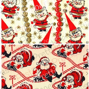 May include: Vintage Christmas wrapping paper featuring a repeating pattern of Father Christmas in red and white with a gold belt. The background is white with gold stars and red and gold beads.