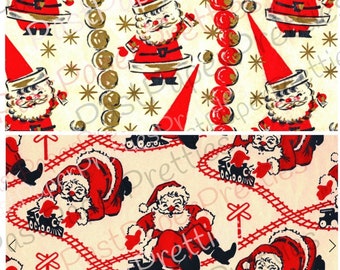 May include: Vintage Christmas wrapping paper featuring a repeating pattern of Santa Claus in red and white with a gold belt. The background is white with gold stars and red and gold beads.